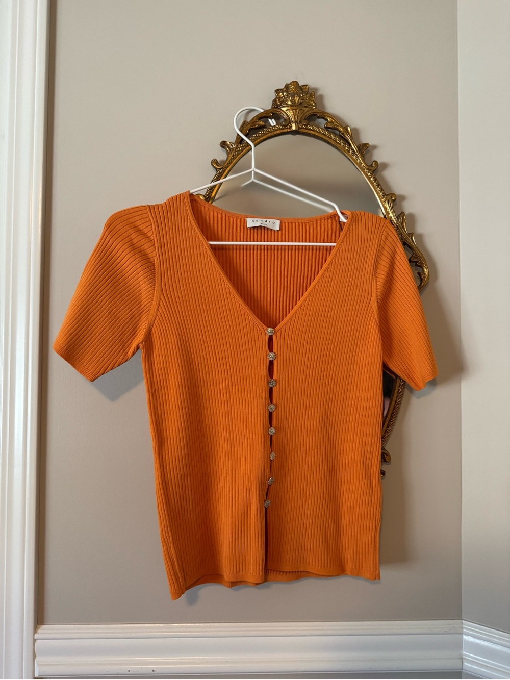 Sandro Bright Orange Ribbed V-Neck Short Sleeve Top